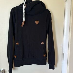 Wanakome Black Hoody with White Drawstring and Leather Alaska Patch - NWOT
